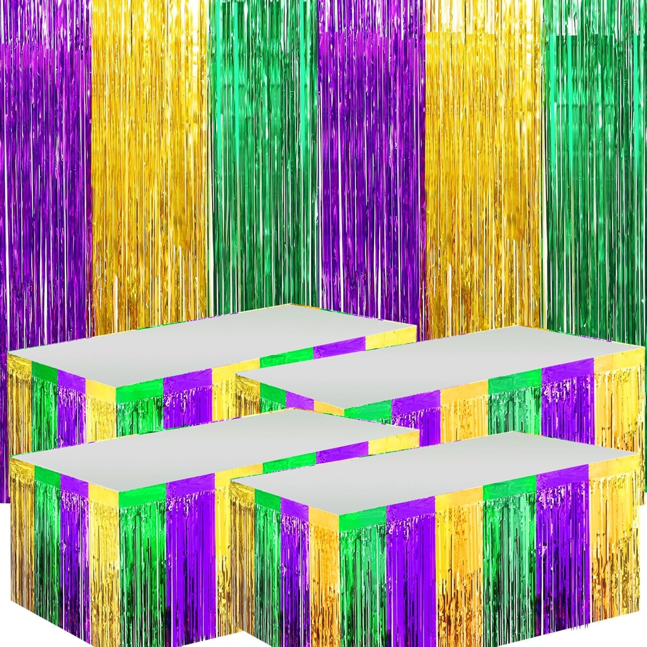 4 Packs Mardi Gras Table Skirts & 2 Pack Mardi Gras Tinsel Curtains,29x108 Inch Metallic Foil Fringe Table Skirts for Carnival Mardi Gras New Orleans Masquerade Party